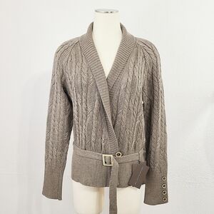 NEW St. John cable knit cardigan sweater Oregano taupe gray brown belted medium